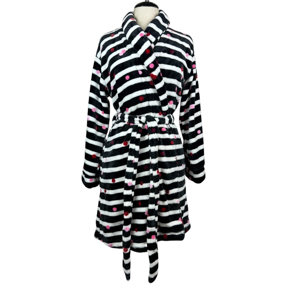 Kate Spade Robe Womens M Black White Striped Pink Polka Dot Fleece